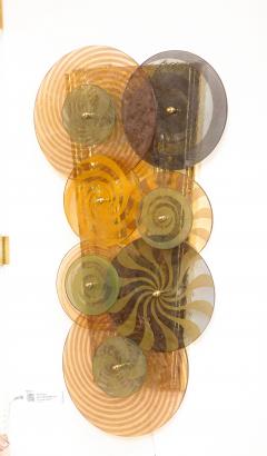 Pair Murano Glass Discs and Brass Sconces in Sage Green Taupe Amber and Pink - 2648439