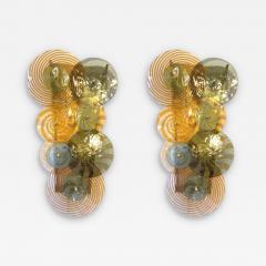 Pair Murano Glass Discs and Brass Sconces in Sage Green Taupe Amber and Pink - 2667547