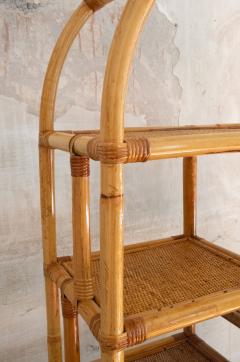 Pair Of Arched Bamboo Bookcases With Woven Rush Fabric 1970s - 4736857