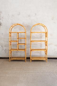 Pair Of Arched Bamboo Bookcases With Woven Rush Fabric 1970s - 4759457
