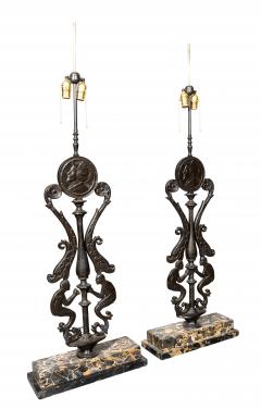 Pair Of Art Deco Cast Iron And Portola Marble Lamps - 4712276