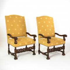 Pair Of Carved Dutch Baroque High Back Upholstered Arm Chairs Circa 1690  - 2298245