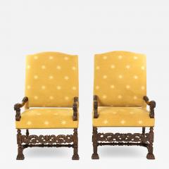Pair Of Carved Dutch Baroque High Back Upholstered Arm Chairs Circa 1690  - 2298343