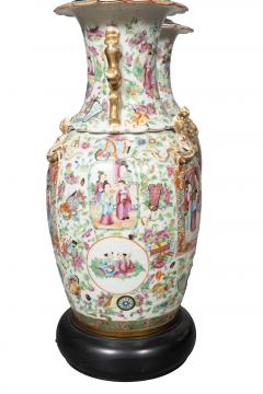 Pair Of Chinese Export Rose Mandarin Vases Mounted As Lamps - 4757793