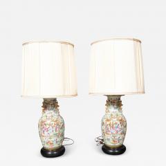 Pair Of Chinese Export Rose Mandarin Vases Mounted As Lamps - 4760591