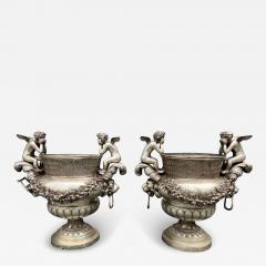 Pair Of Classical Style Silvered Metal Garden Urns - 4152257