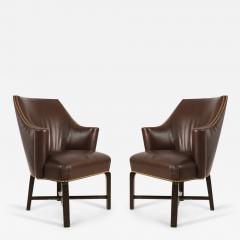 Pair Of Contemporary Brown Leather Rounded Back Club Armchair - 3179174