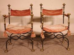Pair Of Curule Armchairs In Wrought Iron And Bronze - 3339874