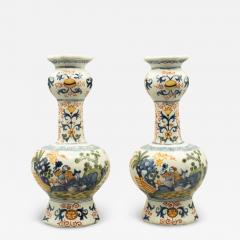 Pair Of Dutch Polychrome Delft Garlic Neck Vases - 4213986