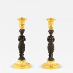 Pair Of French Bronze Candlesticks Fauns France Mid 19th Century - 4796963