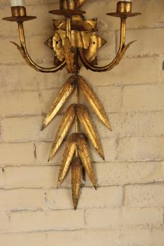 Pair Of French Midcentury Three Arm Metal And Gold Leaf Sconces - 2450660