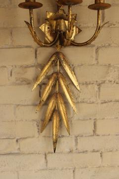 Pair Of French Midcentury Three Arm Metal And Gold Leaf Sconces - 2450661