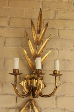 Pair Of French Midcentury Three Arm Metal And Gold Leaf Sconces - 2450662