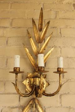 Pair Of French Midcentury Three Arm Metal And Gold Leaf Sconces - 2450663
