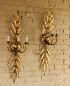 Pair Of French Midcentury Three Arm Metal And Gold Leaf Sconces - 2450664