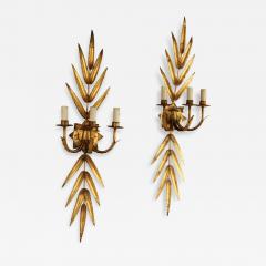 Pair Of French Midcentury Three Arm Metal And Gold Leaf Sconces - 2452305