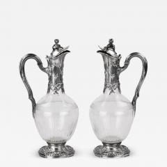 Pair Of French Silver Mounted Glass Wine Ewers Tetard Freres Paris - 4823958