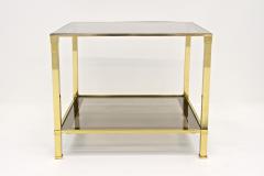 Pair Of Hollywood Regency Brass End Side Tables Smoked Glass Italy ca 1970 - 3994115