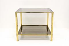 Pair Of Hollywood Regency Brass End Side Tables Smoked Glass Italy ca 1970 - 3994120