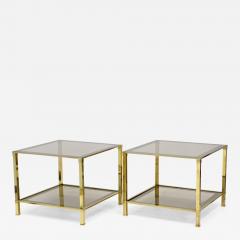 Pair Of Hollywood Regency Brass End Side Tables Smoked Glass Italy ca 1970 - 3994766