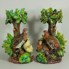 Pair Of Hugo Lonitz Majolica Partridge Cache Pot Stands - 1989590