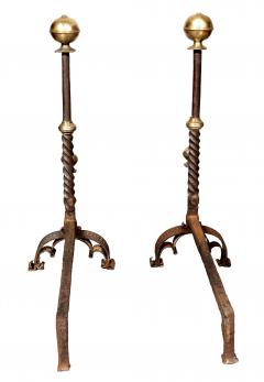 Pair Of Italian Baroque Wrought Iron And Brass Andirons - 4757660