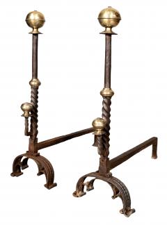 Pair Of Italian Baroque Wrought Iron And Brass Andirons - 4757665