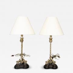 Pair Of Italian Bronze Candlestick Table Lamps with Mounted Lions - 4555320