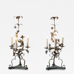 Pair Of Italian Candelabra 20th Century Silver leaf Wrought Iron Foliate Lamps - 4642404