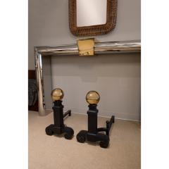 Pair Of Large Andirons In Wrought Iron with Brass Orbs 1970s - 3414772