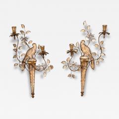 Pair Of Maison Bagues Parrot Form Crystal and Gilt Metal Wall Sconces - 4153748
