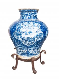 Pair Of Mexican Talavera Poblana Pottery Blue And White Vases With Iron Stands - 4359249