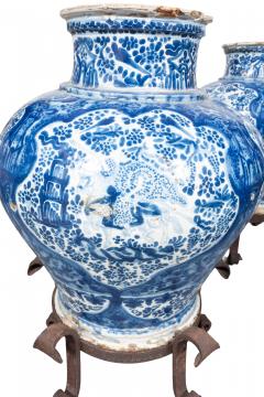 Pair Of Mexican Talavera Poblana Pottery Blue And White Vases With Iron Stands - 4359256