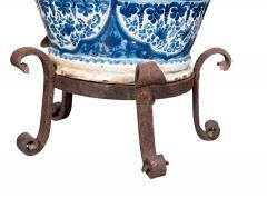 Pair Of Mexican Talavera Poblana Pottery Blue And White Vases With Iron Stands - 4359260