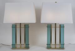 Pair Of Murano Aquamarine Brass Block Lamps - 2642982