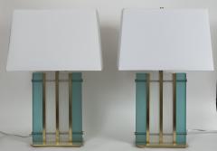 Pair Of Murano Aquamarine Brass Block Lamps - 2642985