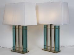 Pair Of Murano Aquamarine Brass Block Lamps - 2642986