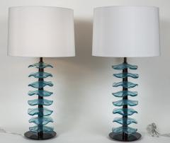 Pair Of Murano Glass Iridescent Aquamarine Petal Lamps Contemporary - 3777712