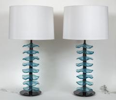 Pair Of Murano Glass Iridescent Aquamarine Petal Lamps Contemporary - 3777713