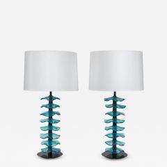 Pair Of Murano Glass Iridescent Aquamarine Petal Lamps Contemporary - 3778394