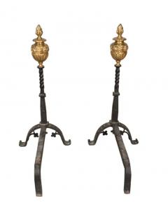 Pair Of Renaissance Revival Brass and Wrought Iron Andirons - 4141820
