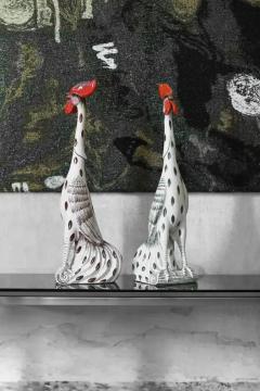 Pair Of Roosters In Glazed Ceramic With Handmade Decorations - 3680806