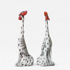 Pair Of Roosters In Glazed Ceramic With Handmade Decorations - 3700865