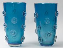 Pair Of Tall Murano Blown Irredescent Acquamarine Vases Contemporary - 1399165