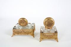 Pair Ornately Gilt Brass Framed Footed Glass Inkwells - 1332860