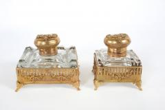Pair Ornately Gilt Brass Framed Footed Glass Inkwells - 1332869