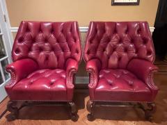 Pair Oversized Tufted Leather Wingback Lounge Chairs Georgian Finest Quality - 2821544