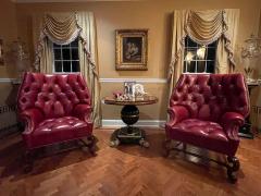 Pair Oversized Tufted Leather Wingback Lounge Chairs Georgian Finest Quality - 2821546