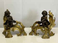 Pair Patinated Gilt Bronze Cherub Fireplace Andirons Chenets Antique Louis XV - 2771141