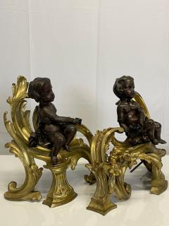 Pair Patinated Gilt Bronze Cherub Fireplace Andirons Chenets Antique Louis XV - 2771143